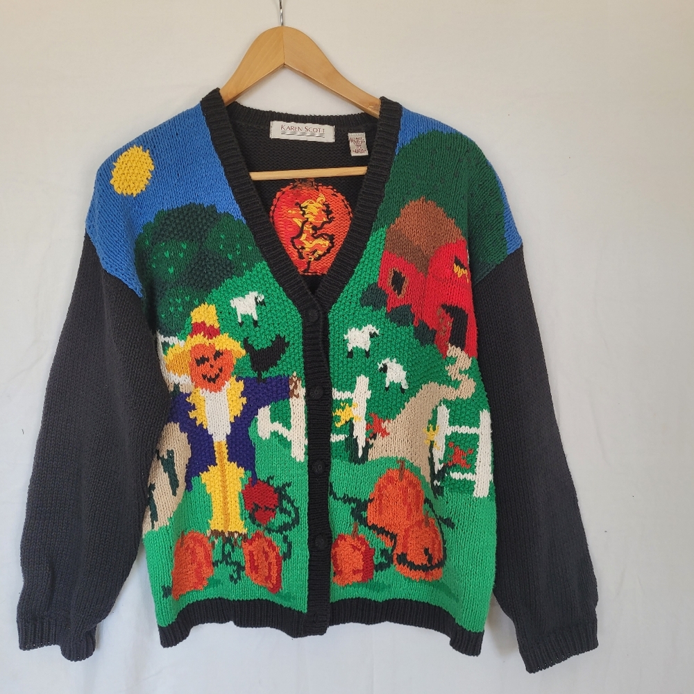 Karen Scott Multicolor Farm Scene Button-Up Cardigan